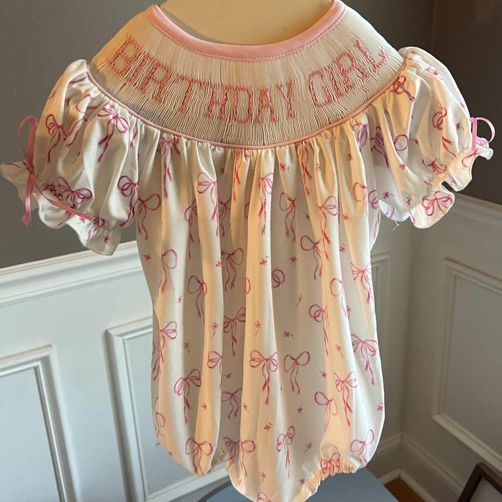 Handsmocked Birthday Girl Pink Bows Bubble Outfit